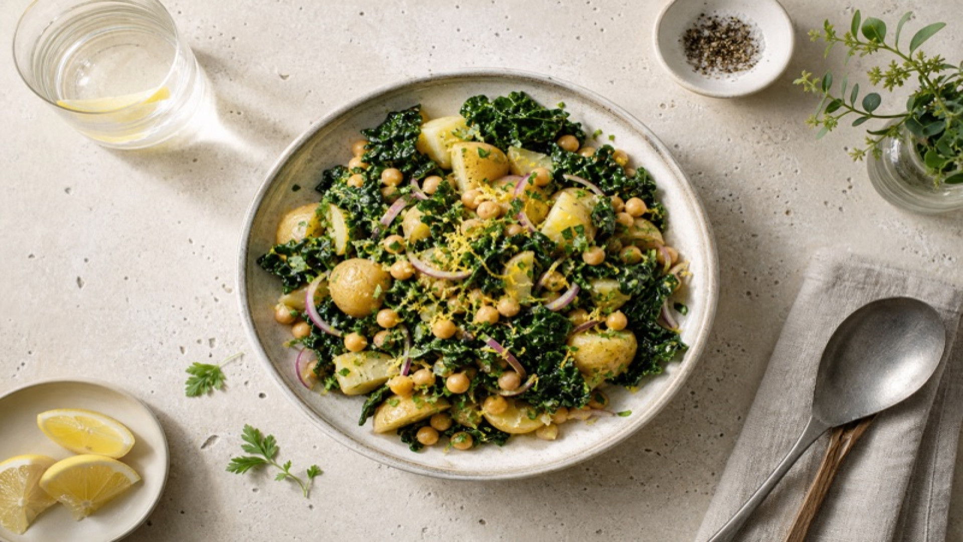 Lauwarmer Kartoffelsalat mit Köhler, Kichererbsen und Zitrone