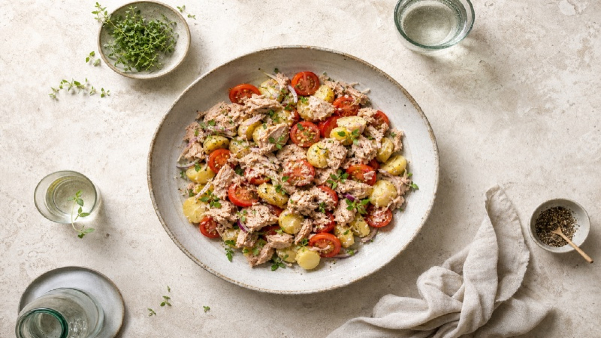 Lauwarmer Thunfisch-Kartoffelsalat mit Kirschtomaten