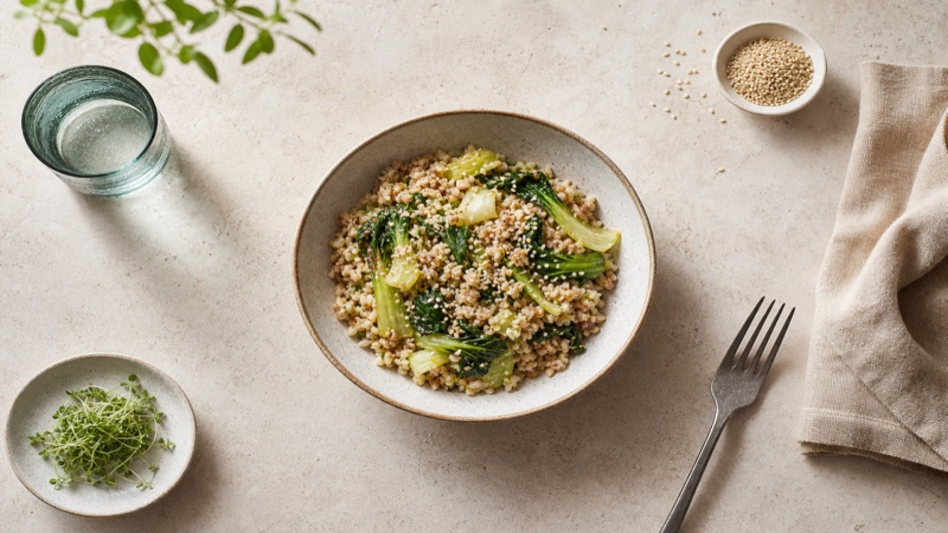 Leichter Buchweizen-Reis-Topf mit Pak Choi und Sesam