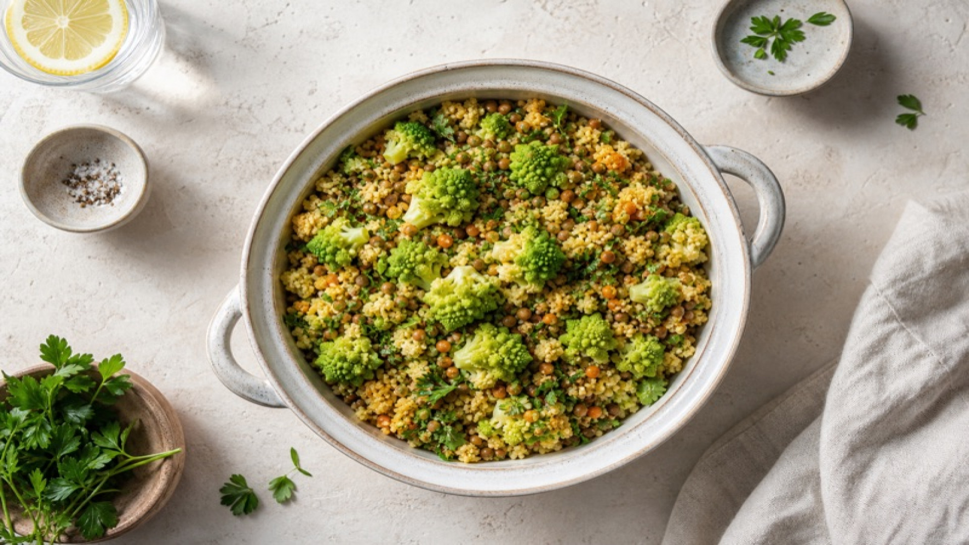 Linsen-Couscous-Topf mit Romanesco