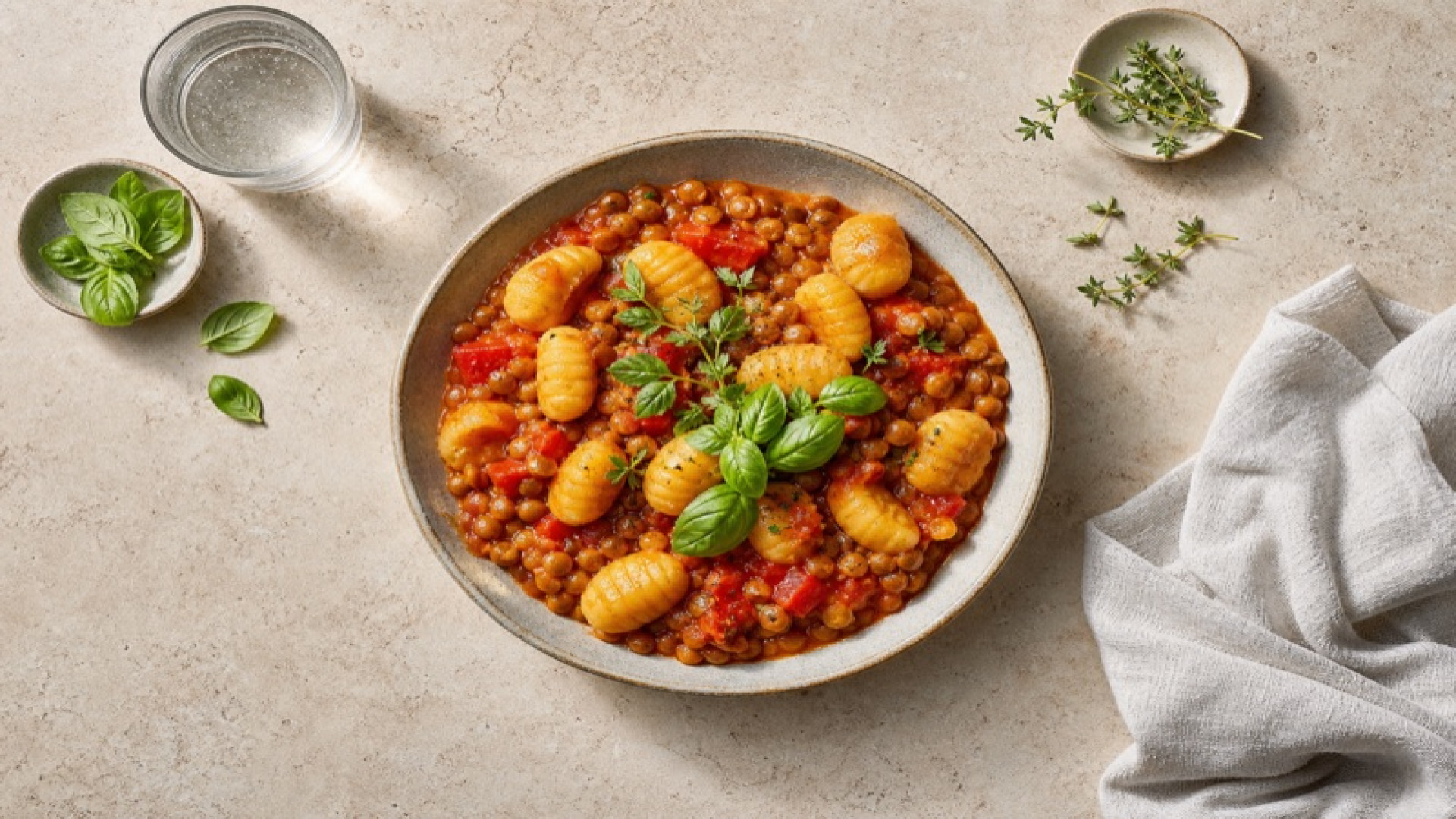 Linsen-Tomatentopf mit Gnocchi