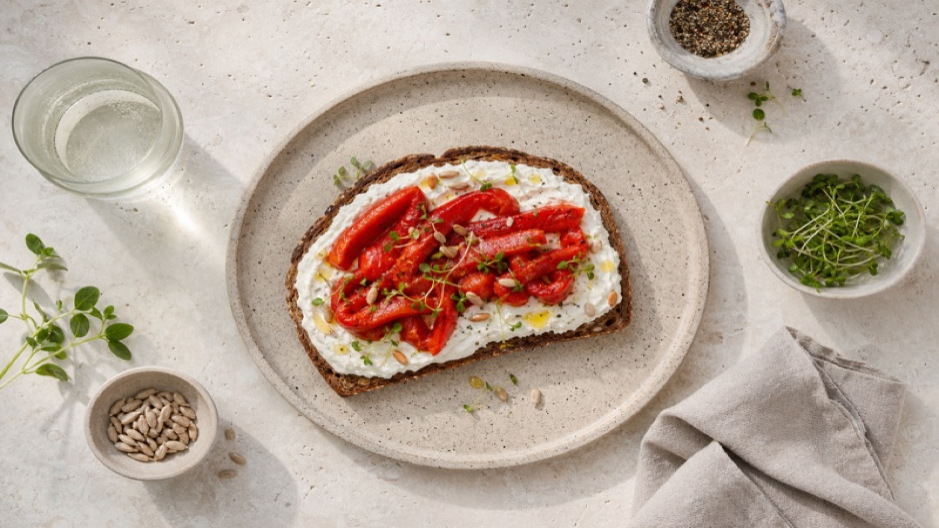 Magerquark-Brot mit gerösteter Paprika