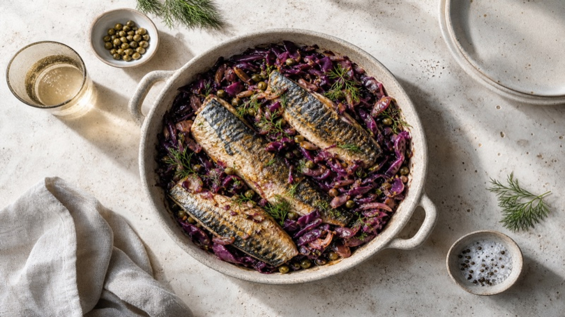Makrelen-Rapsöl-Pfanne mit Rotkohl und Kapern