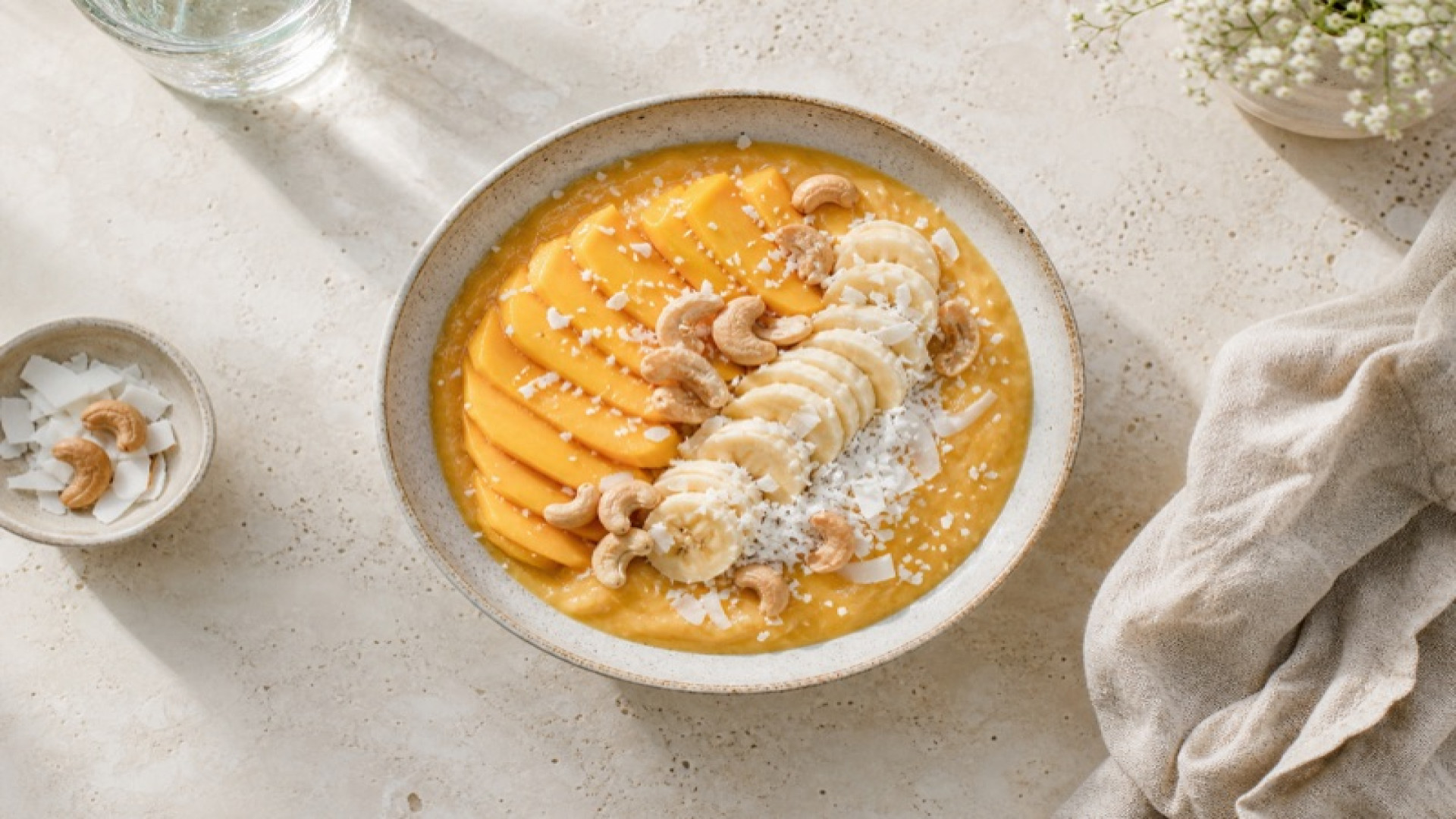 Mango-Bananen-Bowl mit Kokos und Cashews