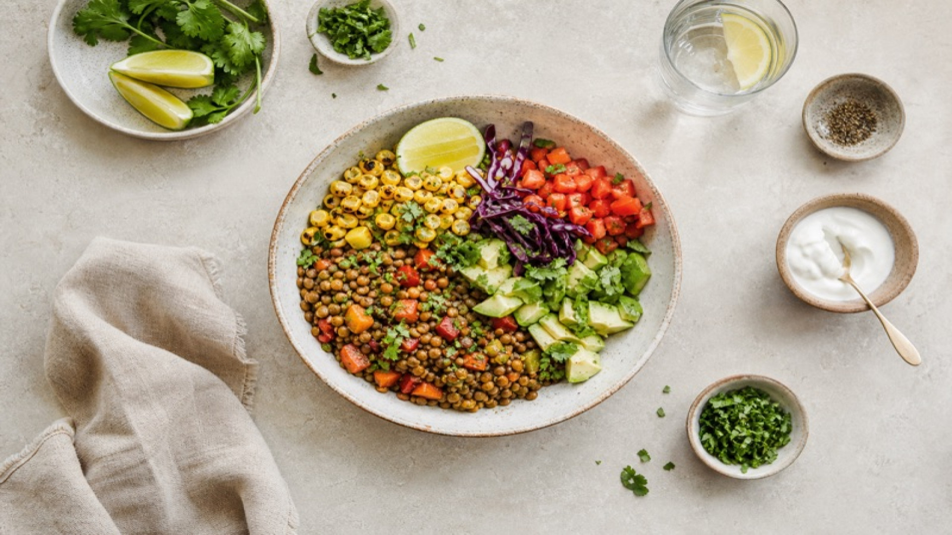 Mexikanische Gemüse-Linsen-Bowl mit Kräutern