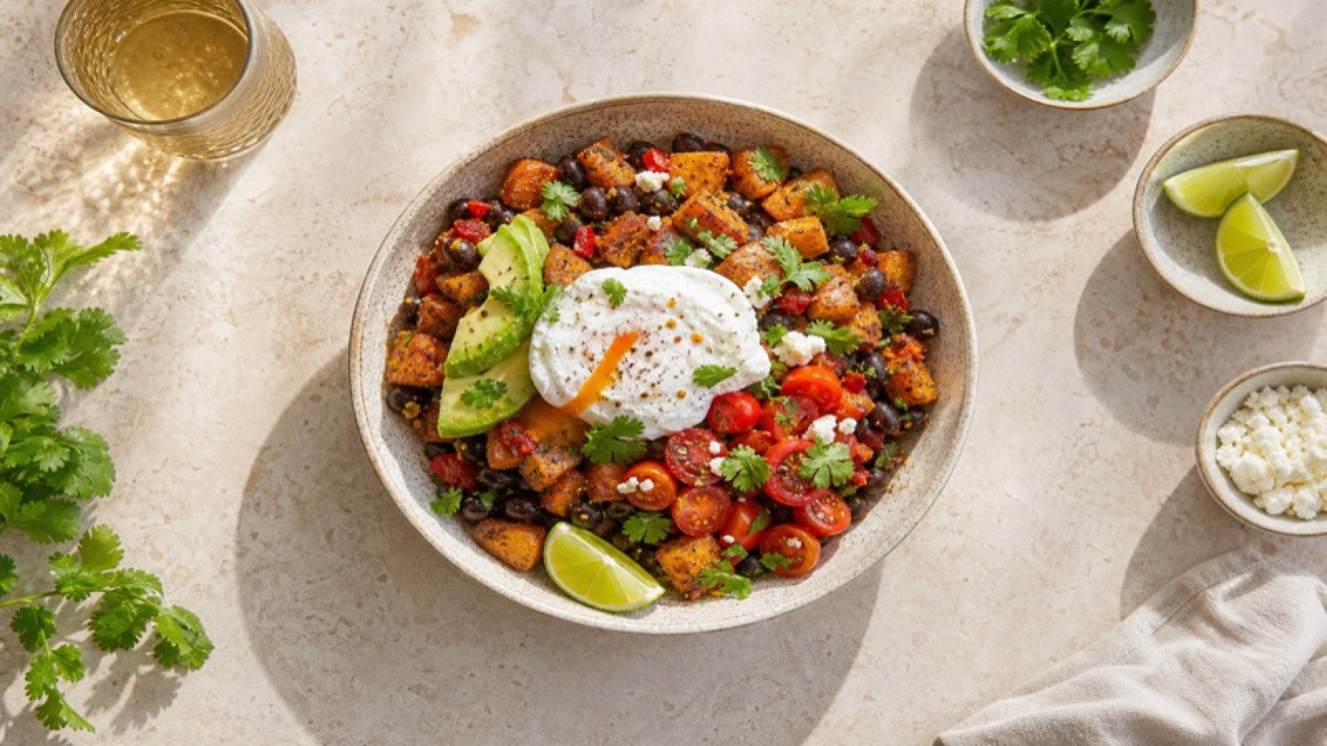 Mexikanische Kartoffel-Bohnen-Bowl mit pochiertem Ei