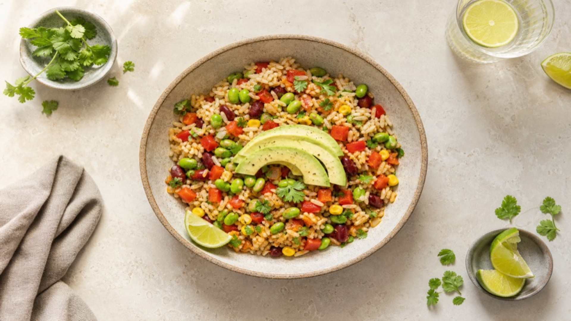 Mexikanische Reis-Bowl mit Sojabohnen und Paprika