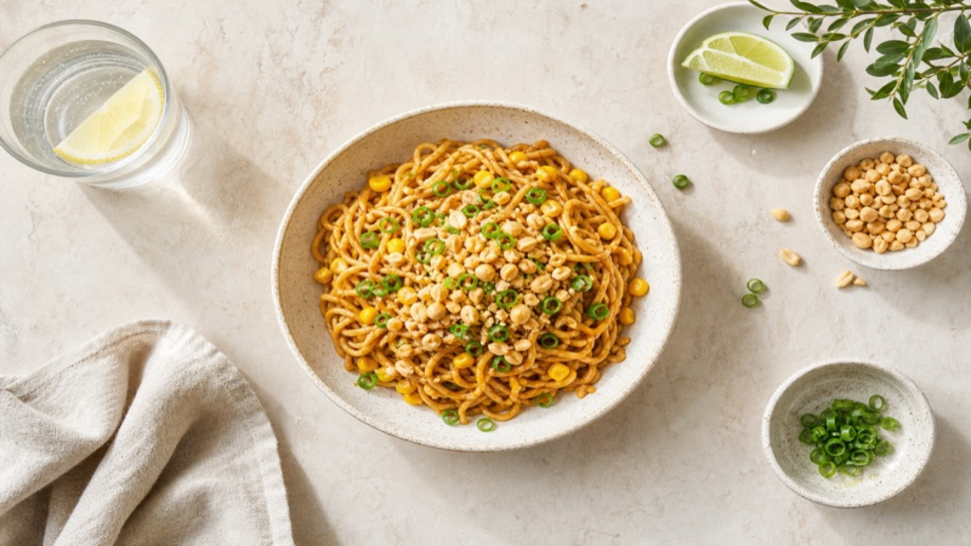 Mie-Nudeln mit Erdnuss-Sauce und Zuckermais