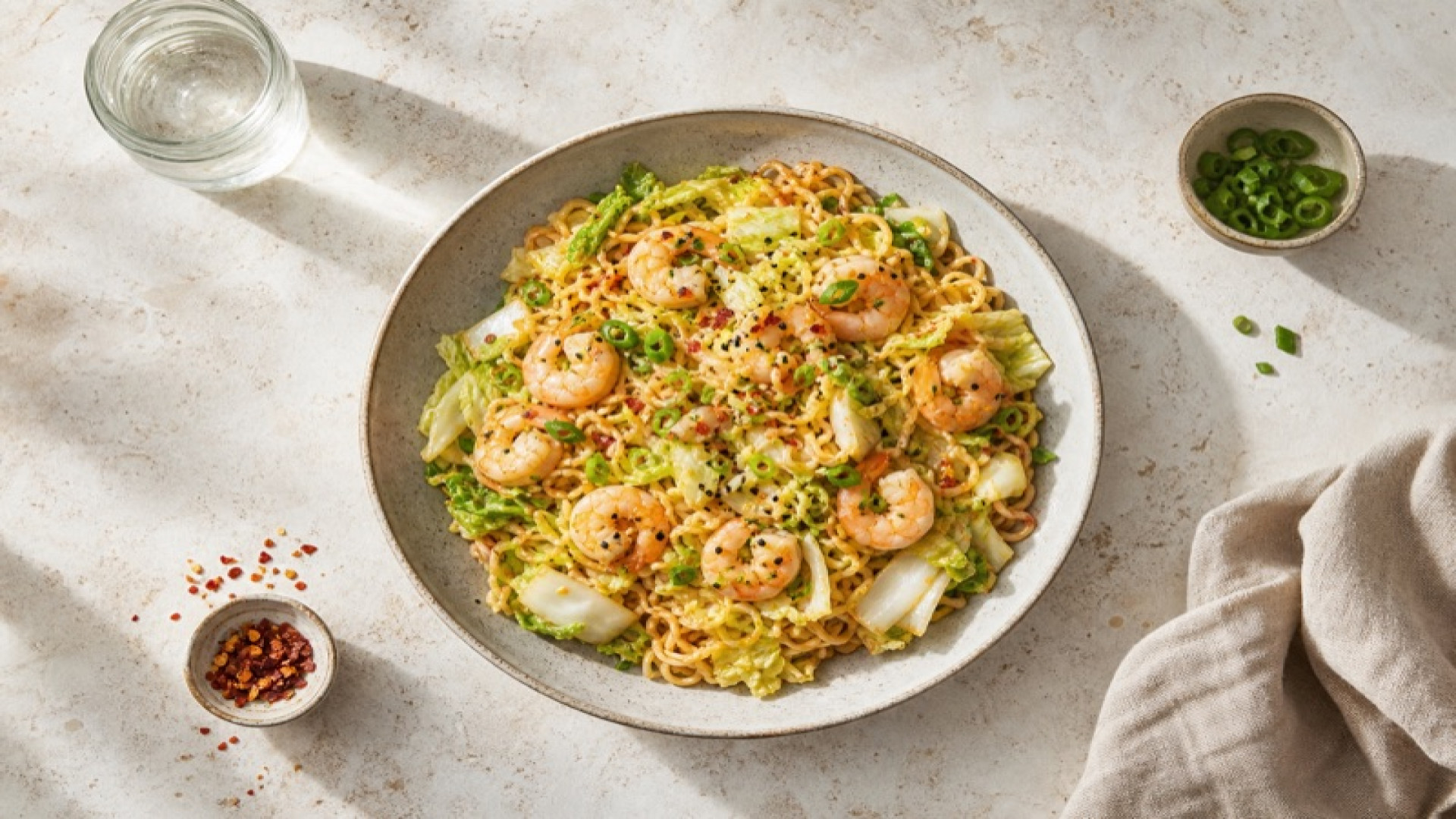 Mie-Nudeln mit Garnelen und Chinakohl