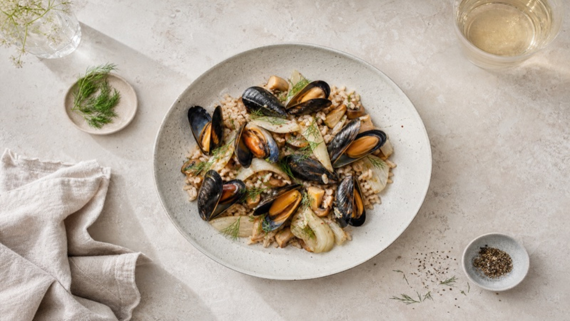 Miesmuscheln mit Fenchel und Steinpilz-Reis