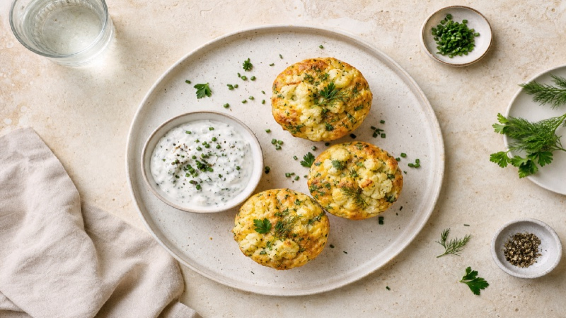 Ofengebackene Egg Muffins mit Blumenkohl und Kräuterquark