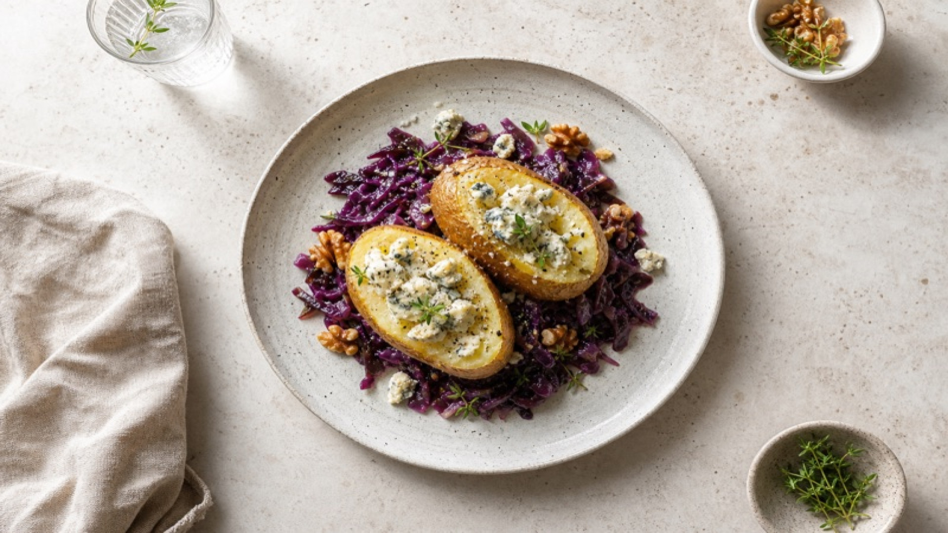 Ofenkartoffeln mit geschmortem Rotkohl und Gorgonzola