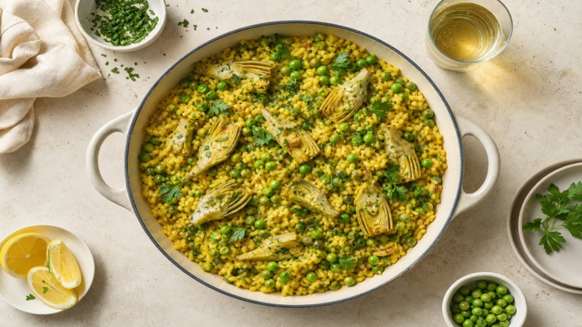 Paella-Reis mit Artischocken und grünen Erbsen