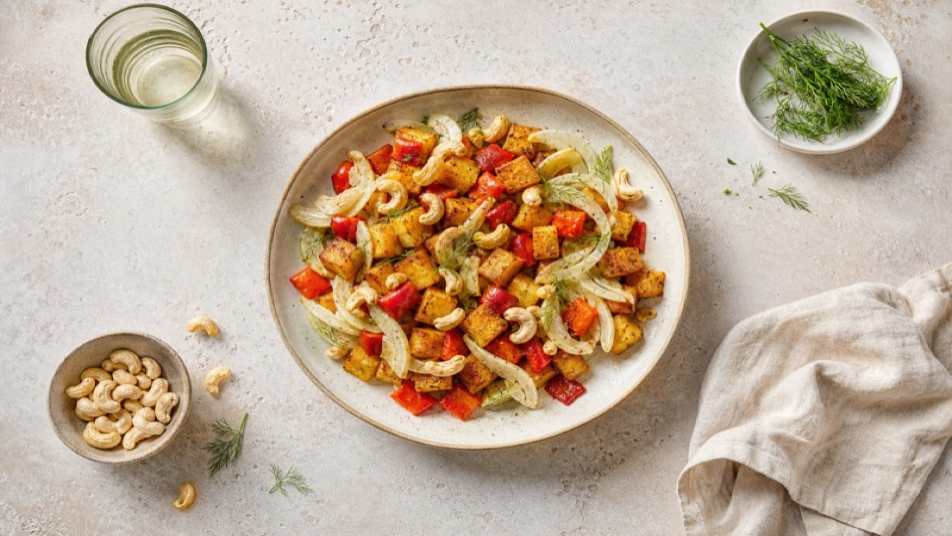 Paprika-Kartoffel-Bowl mit Fenchel und Cashews