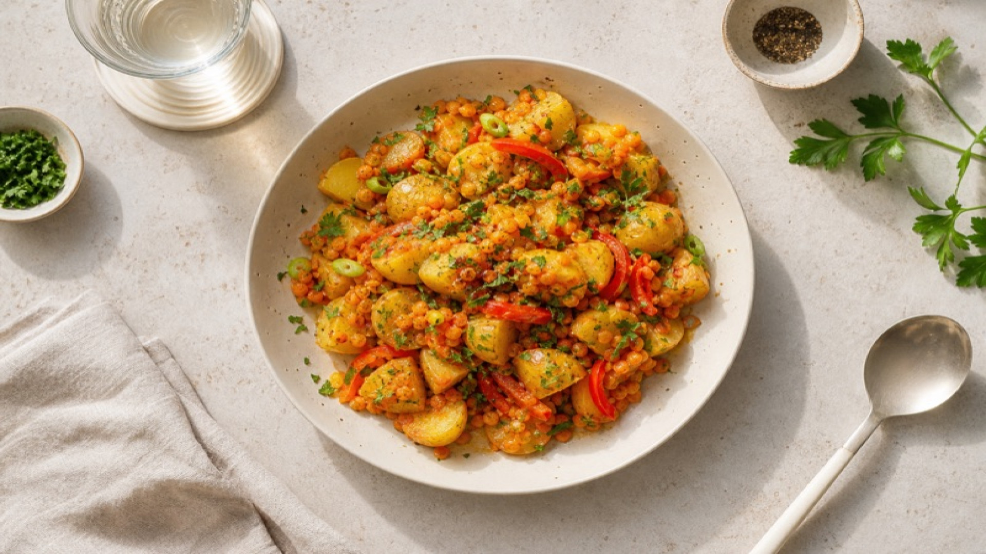 Paprika-Kartoffelsalat mit roten Linsen und Sriracha