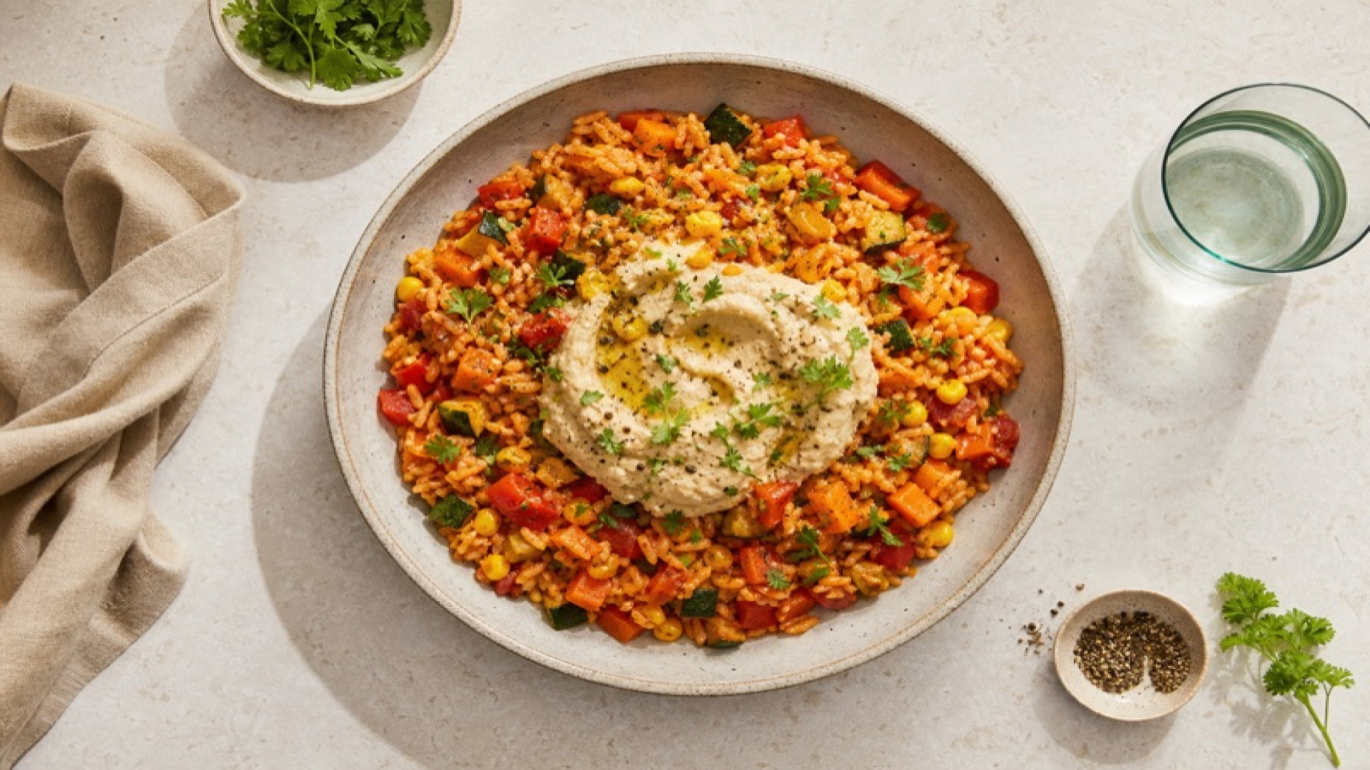 Paprika-Reis-Pfanne mit Hummus