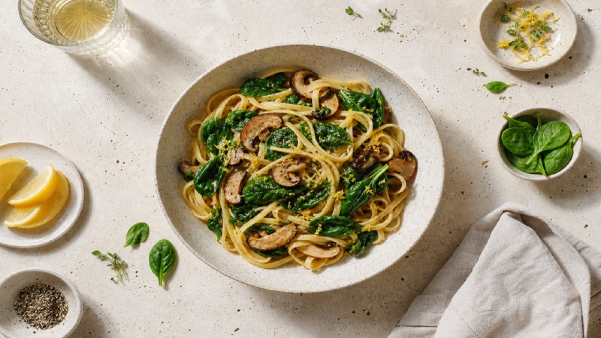 Pasta-Bowl mit Shiitake, Spinat und Zitronenbutter