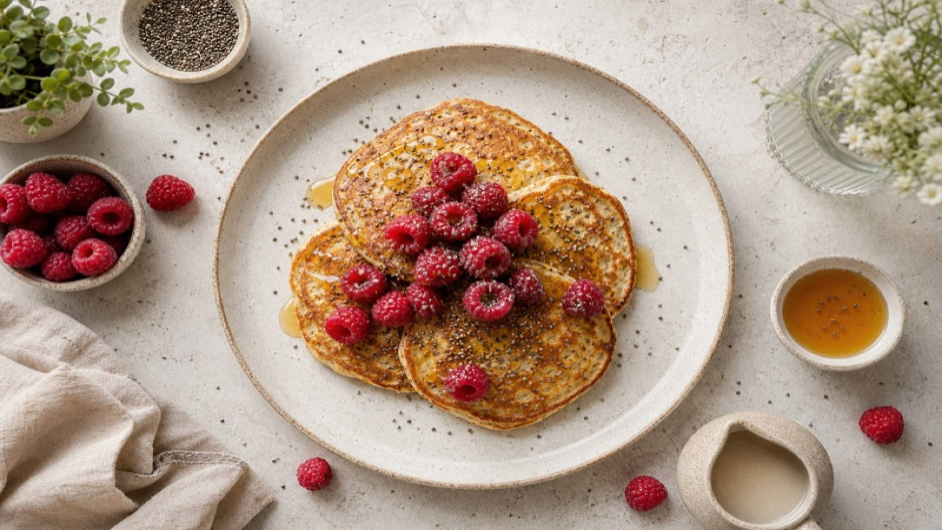Pfannkuchen mit Himbeeren und Chia Samen
