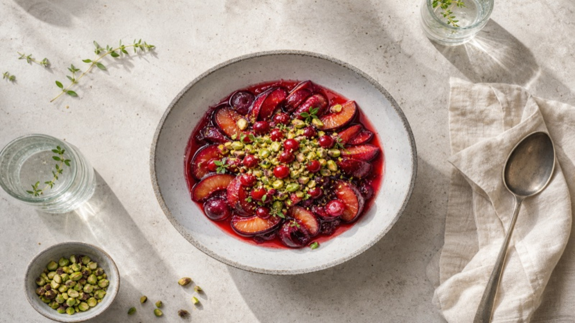 Pflaume-Kirschen-Bowl mit Preiselbeeren und Pistazienkruste