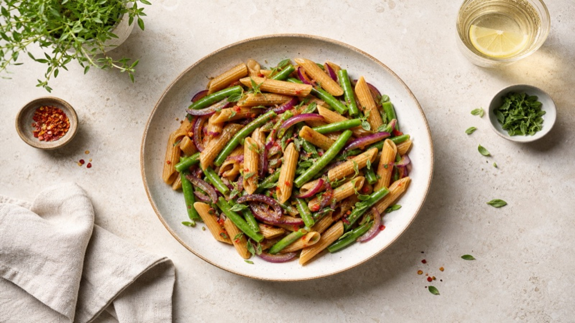 Pikante Dinkelnudel-Pfanne mit grünen Bohnen und Roten Zwiebeln
