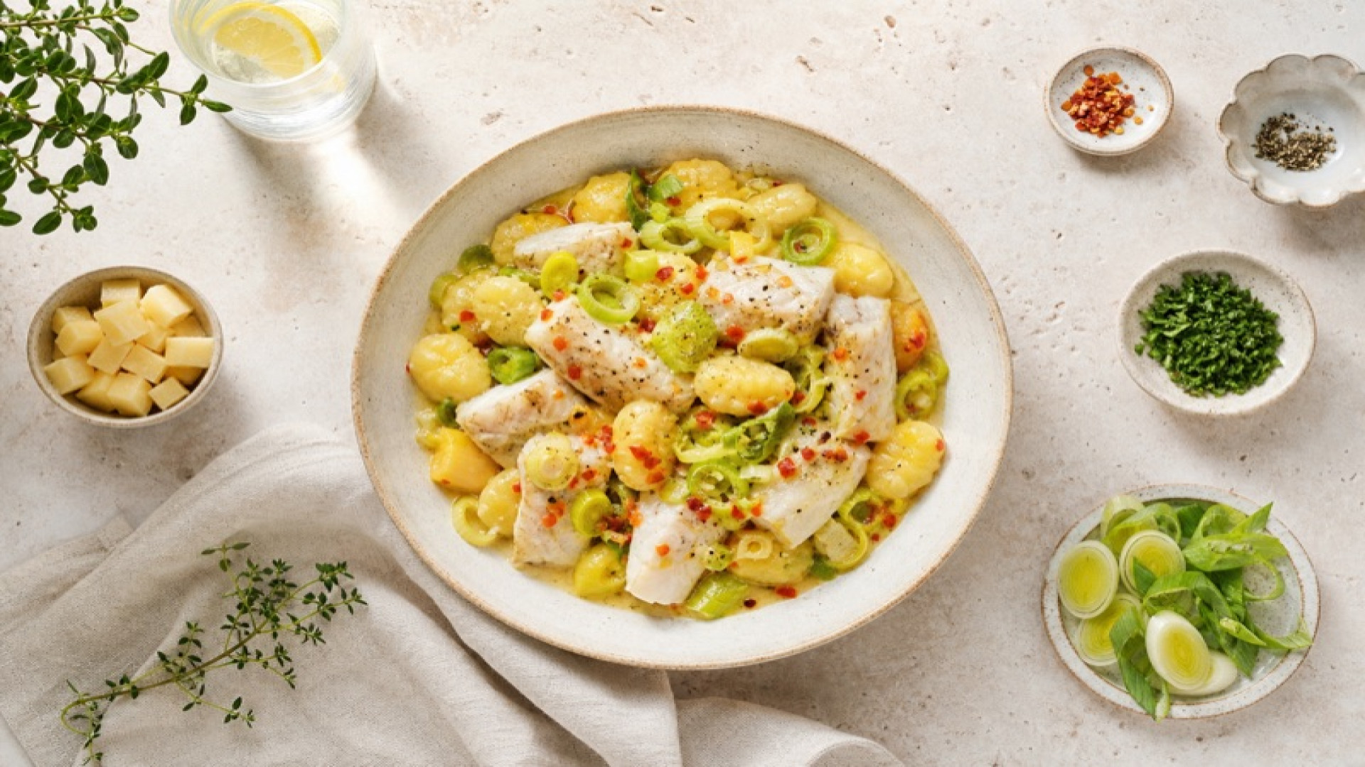 Pikante Dorsch-Bowl mit Kartoffelmehl-Gnocchi und Porree