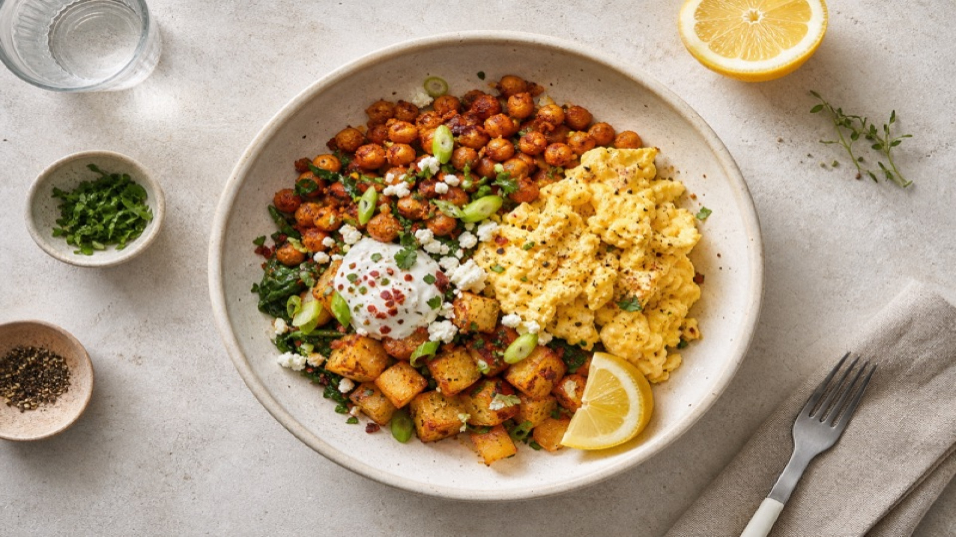 Pikante Kartoffel-Kichererbsen-Bowl mit Rührei und Zitrone