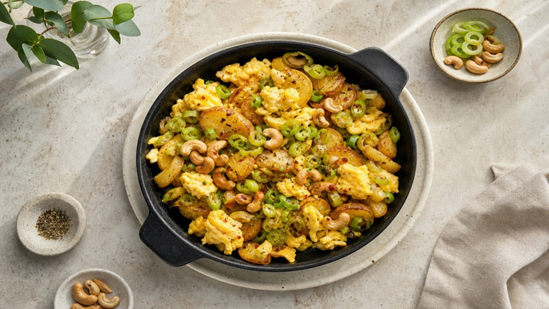 Pikante Kartoffel-Lauch-Skillet mit Rührei und Cashews