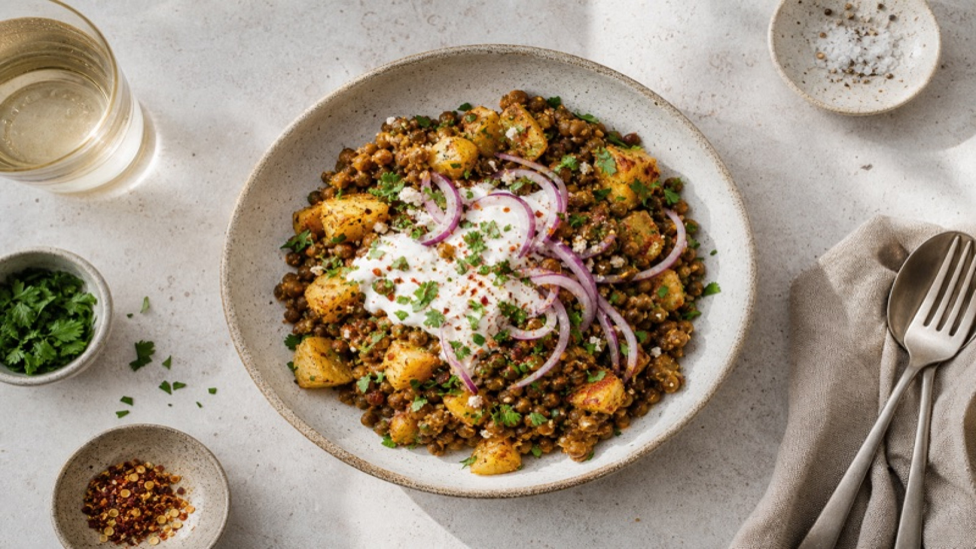 Pikante Kartoffel-Linsen-Bowl mit Roten Zwiebeln und Joghurt
