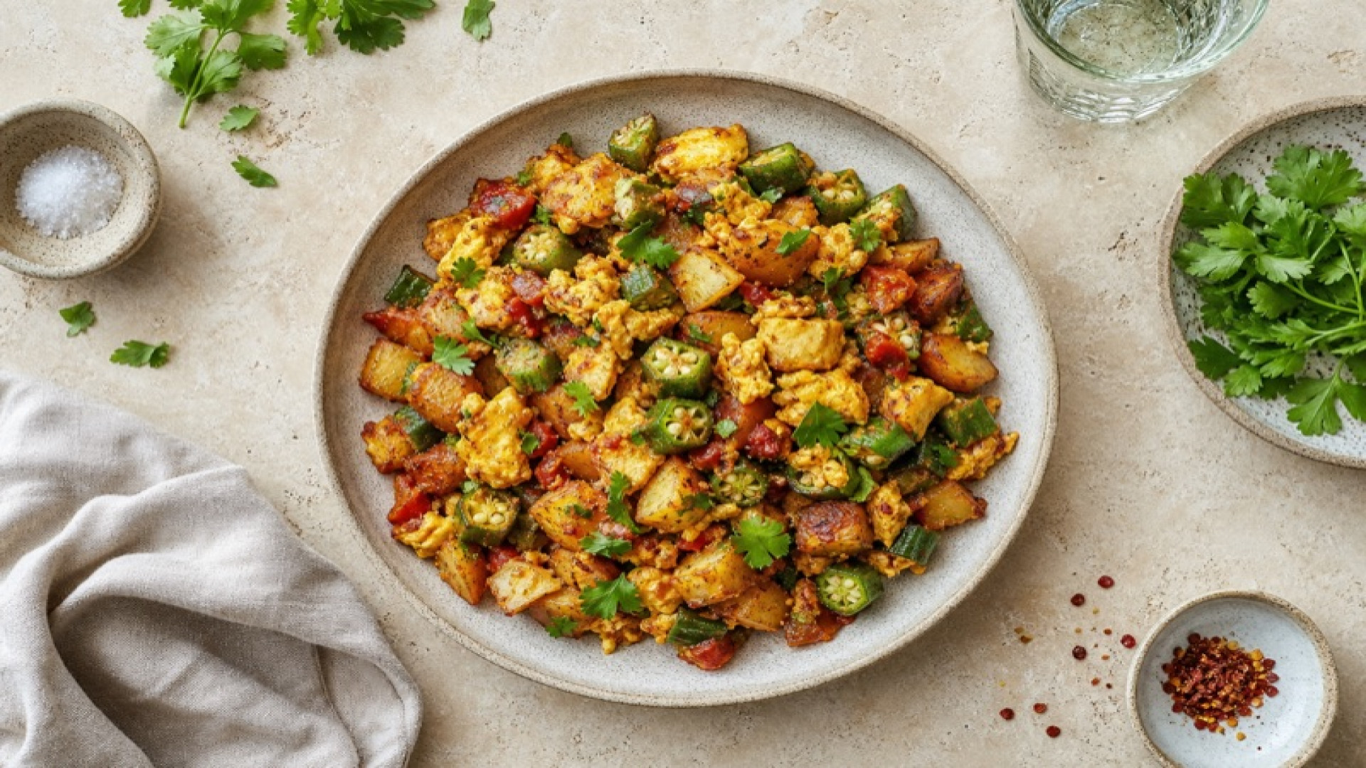 Pikante Kartoffel-Okra-Pfanne mit Rührei und Tomatenmark