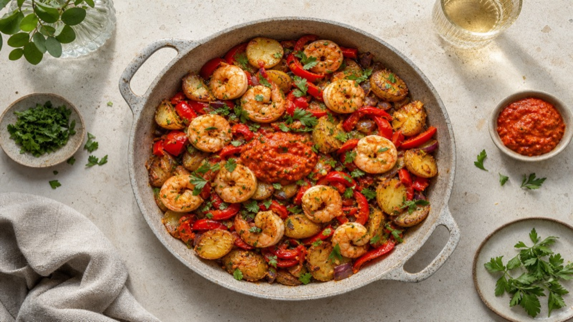 Pikante Kartoffel-Paprika-Pfanne mit Garnelen und Ajvar