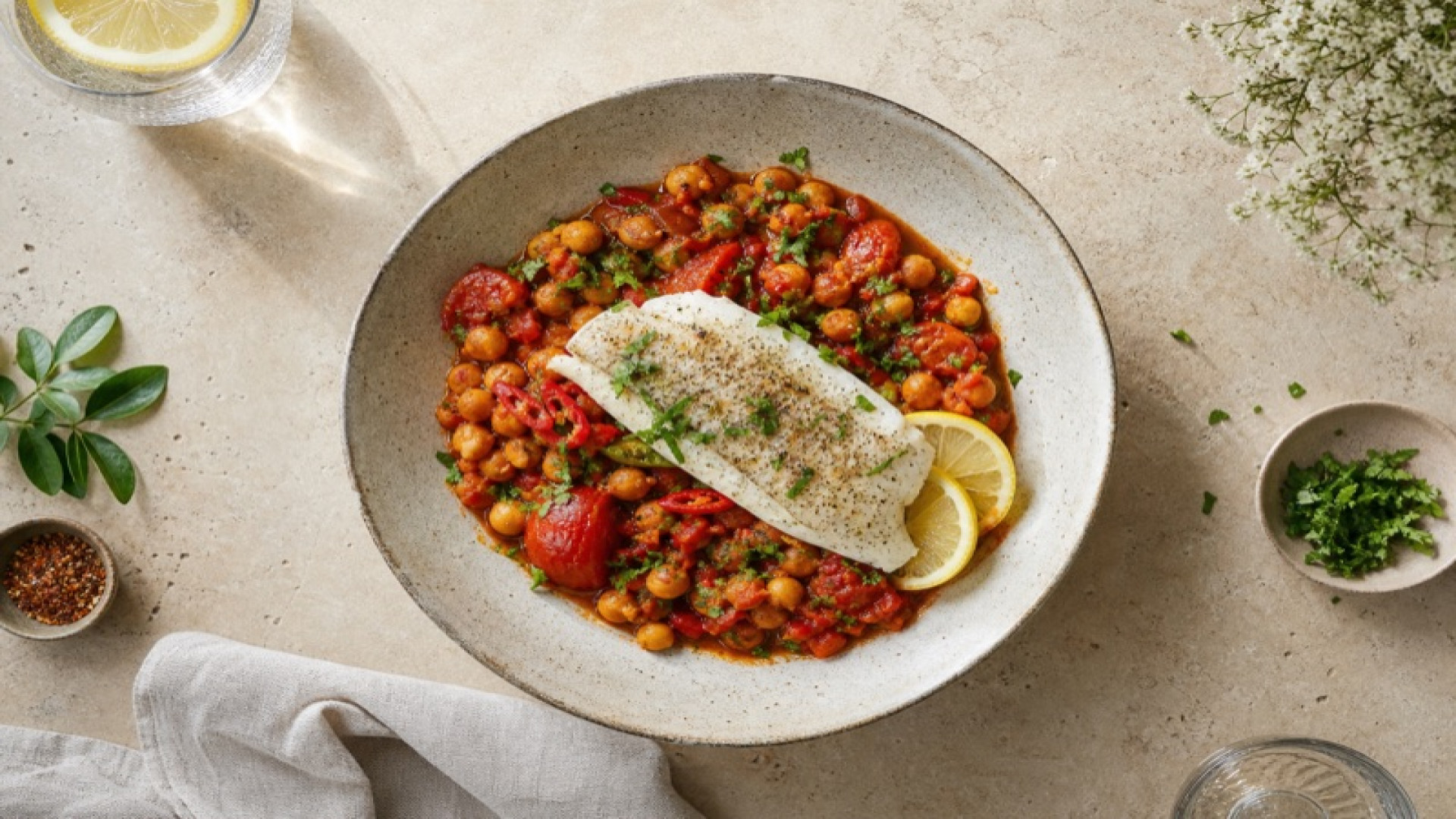 Pikante Kichererbsen-Tomatenpfanne mit pochiertem Flussbarsch