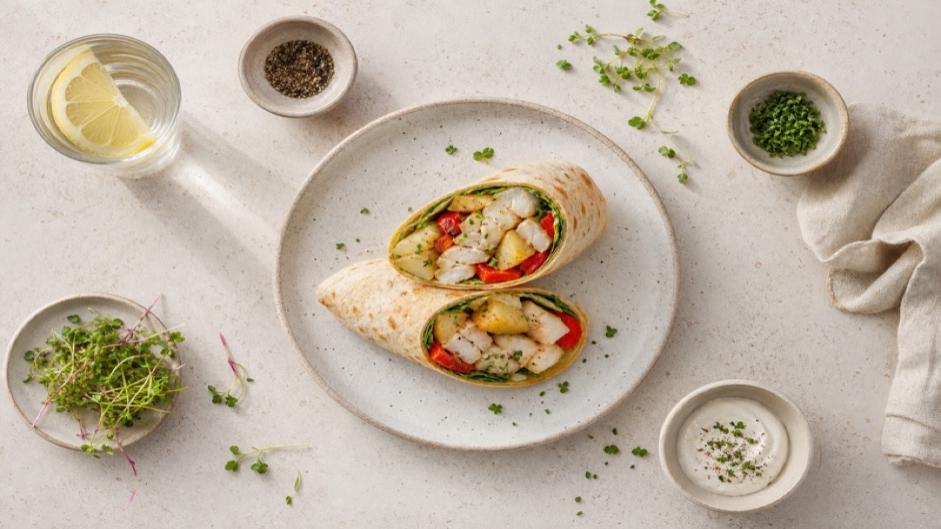 Pikanter Heilbutt-Kartoffel-Wrap mit roter Paprika