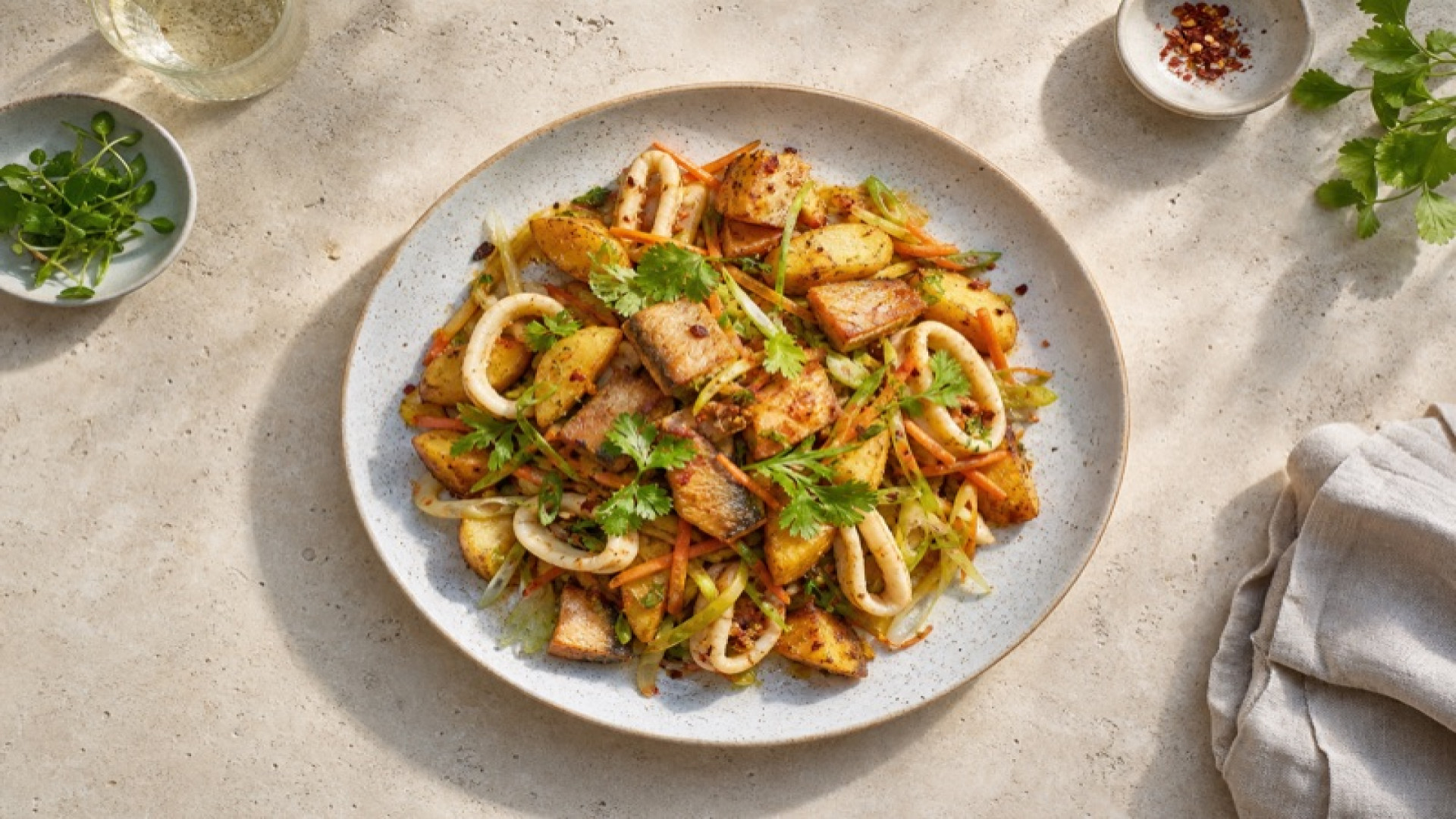 Pikanter Karpfen-Kartoffel-Hash mit Calamari und Ingwer-Gemüse