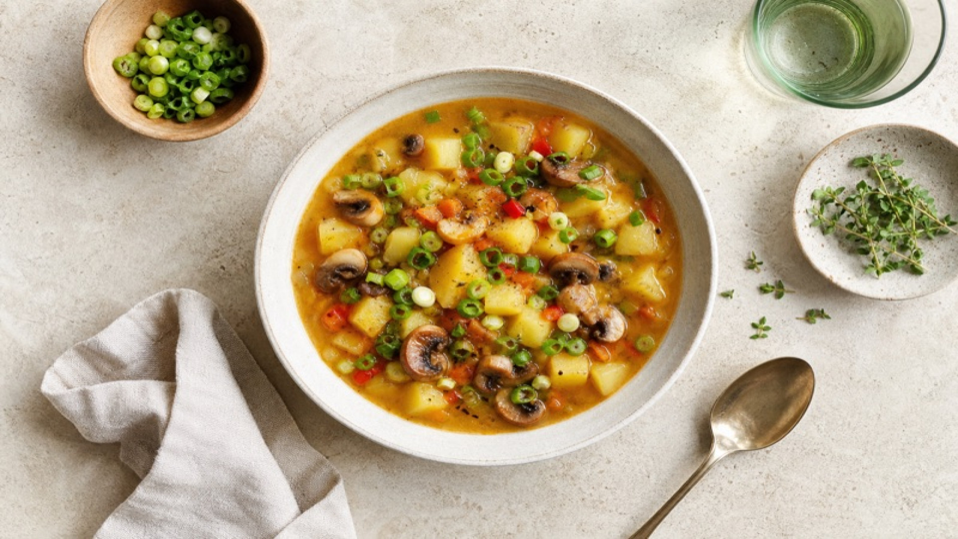 Pikanter Kartoffel-Eintopf mit Champignons und Frühlingszwiebeln