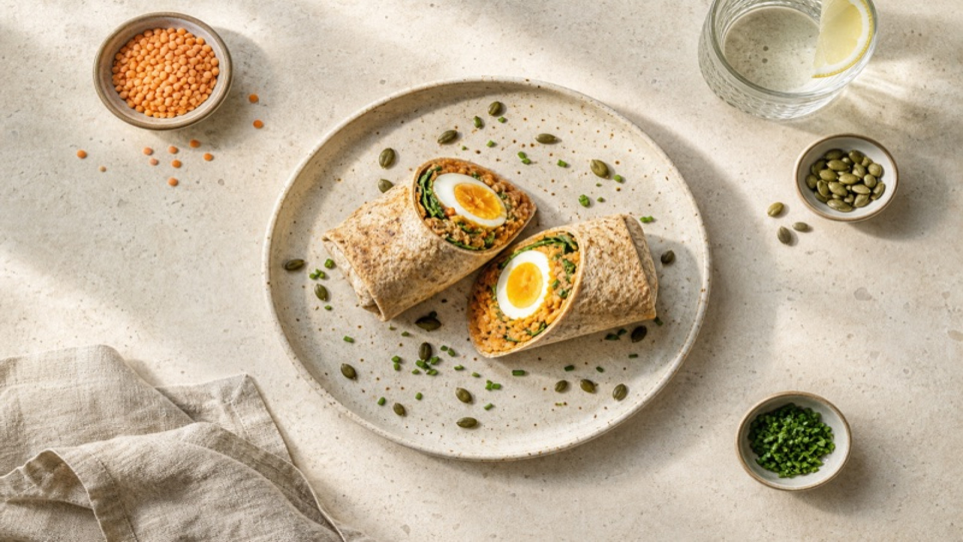 Pikanter Kartoffel-Linsen-Wrap mit Ei und Kürbiskernen