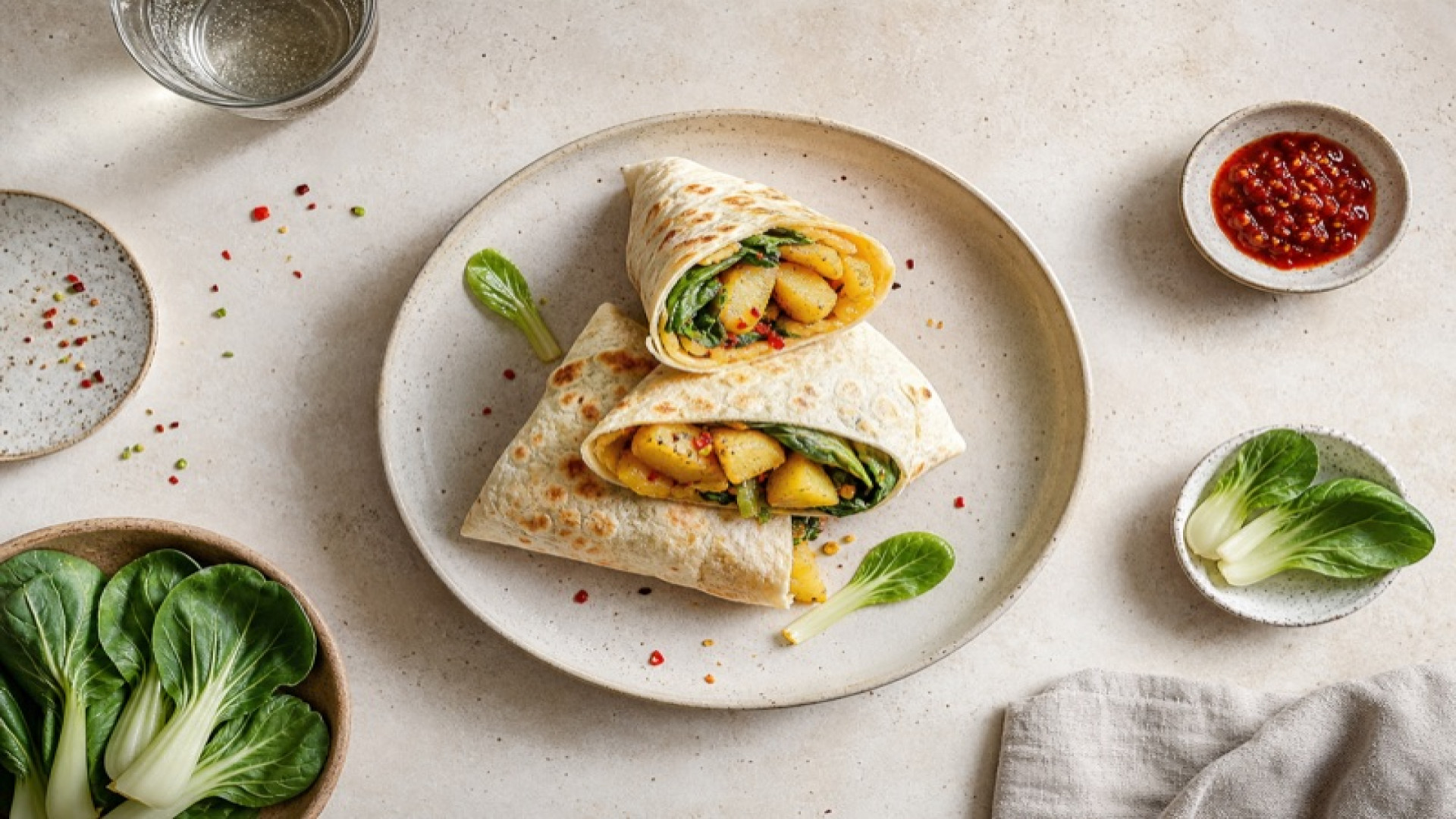 Pikanter Kartoffel-Pak-Choi-Wrap mit Sambal Oelek