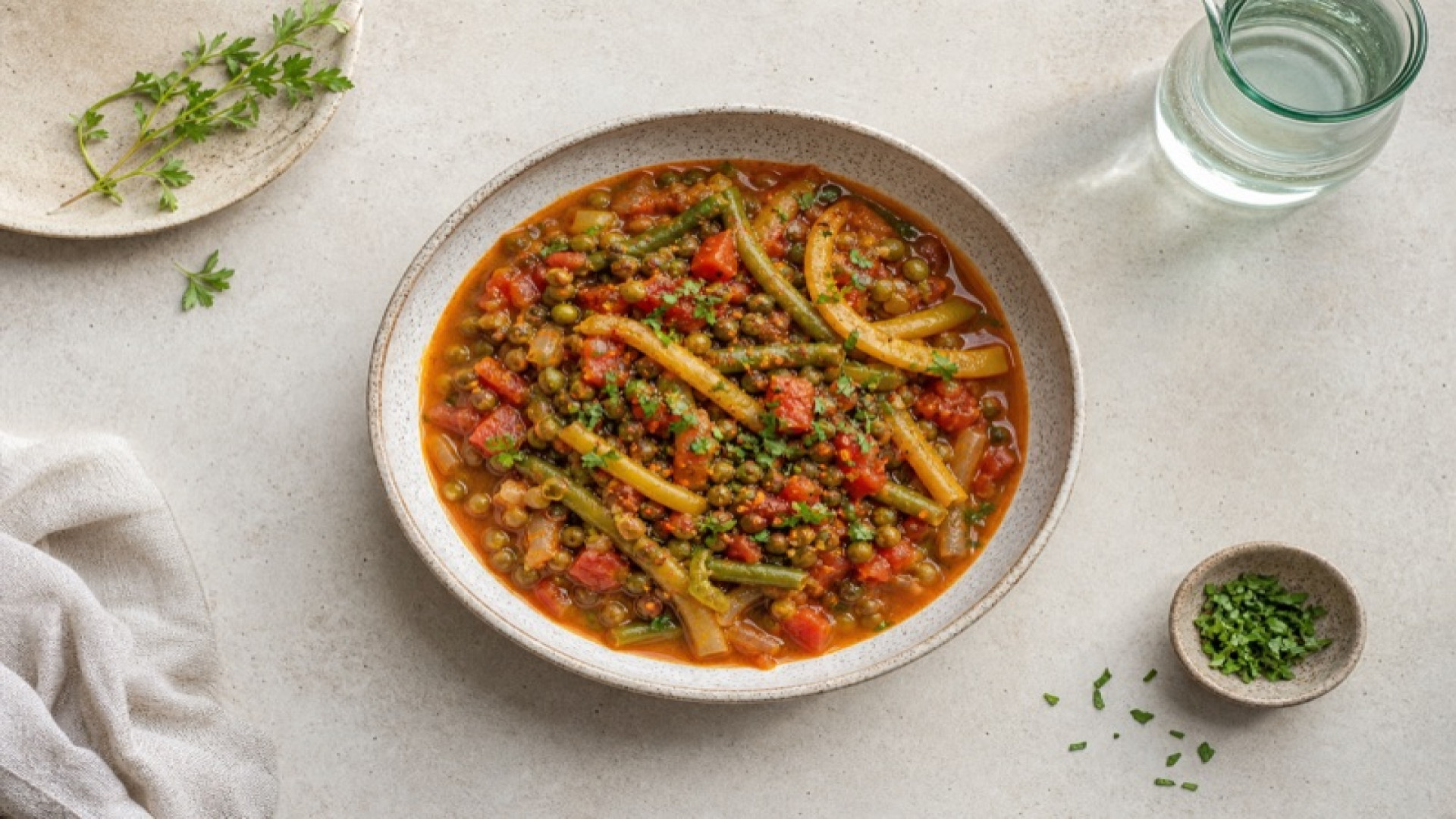 Pikanter Mungbohnen-Wachsbohnen-Eintopf mit Tomaten