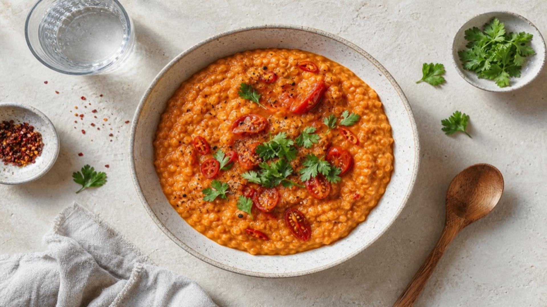 Pikanter Reis-Rote-Linsen-Brei mit Tomaten und Chili