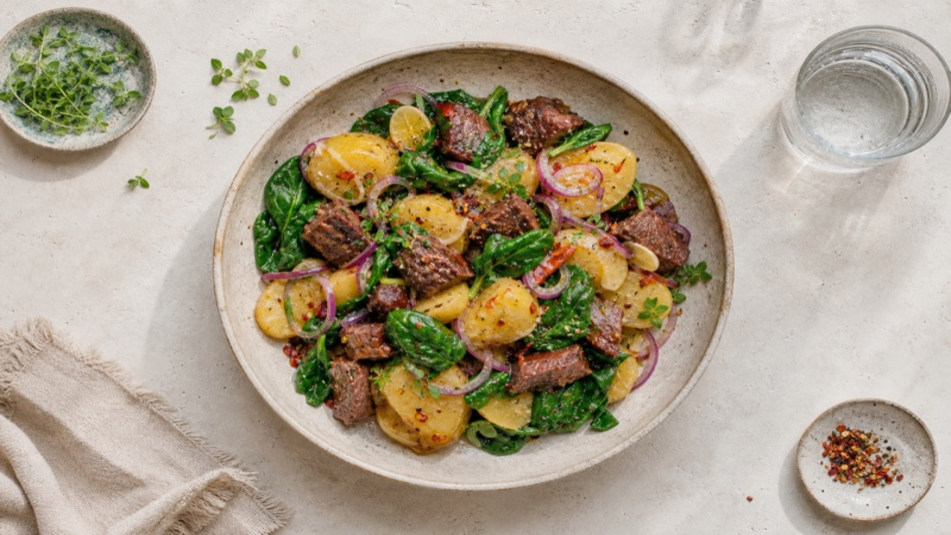 Pikanter Rindgulasch-Kartoffelsalat mit Spinat