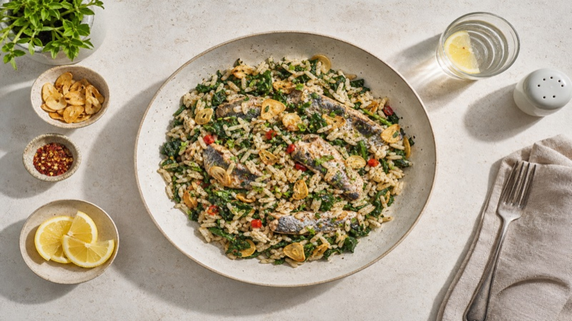 Pikanter Sardinen-Reis mit Spinat und Knoblauch