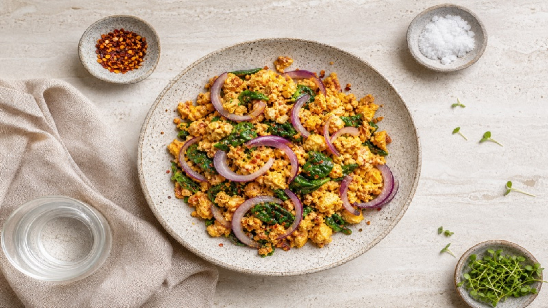 Pikanter Tofu-Rührei-Teller mit Roten Zwiebeln