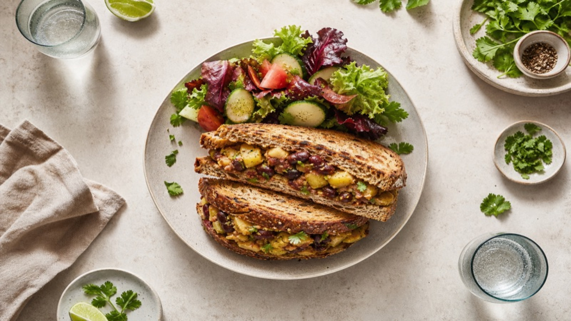Pikantes Kartoffel-Rote-Bohnen-Sandwich mit Schnittsalat