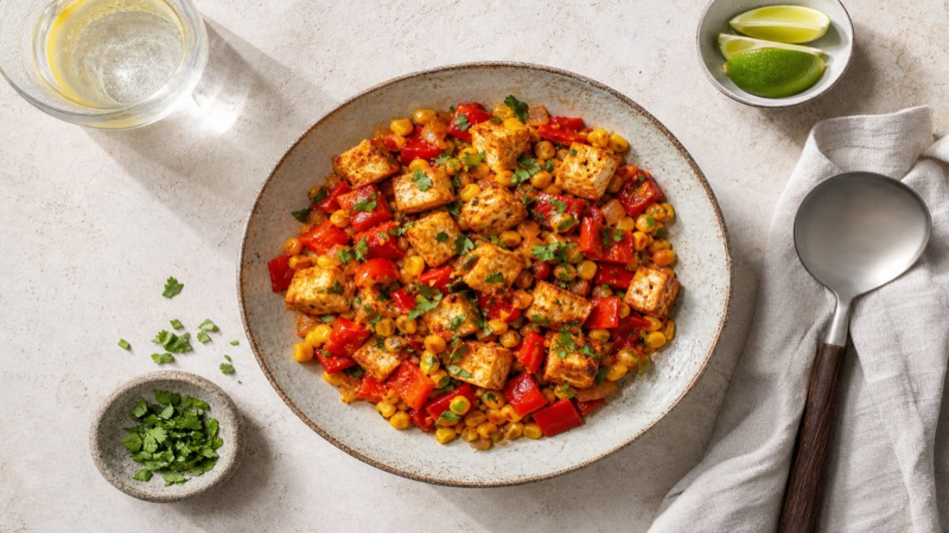 Pikante Tofu-Paprika-Pfanne mit Mais