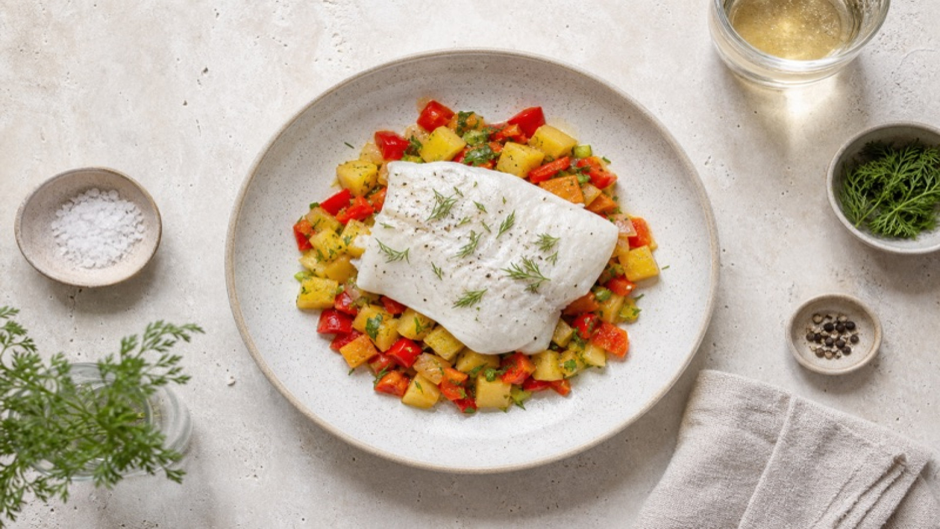 Pochierter Heilbutt auf Gemüsepaprika-Kartoffel-Bett