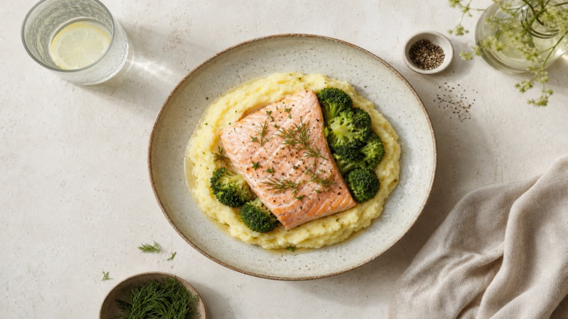 Pochierter Lachs auf Stampfkartoffeln mit gedünstetem Brokkoli