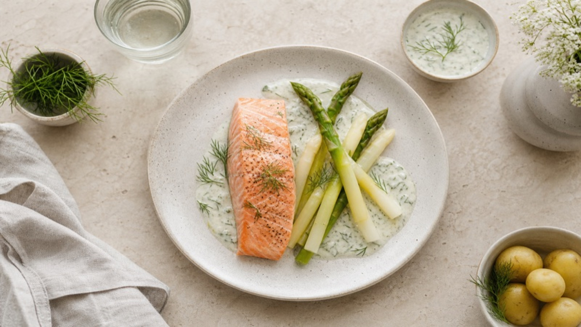 Pochierter Lachs mit gedünstetem Spargel und Sauerrahm-Dill