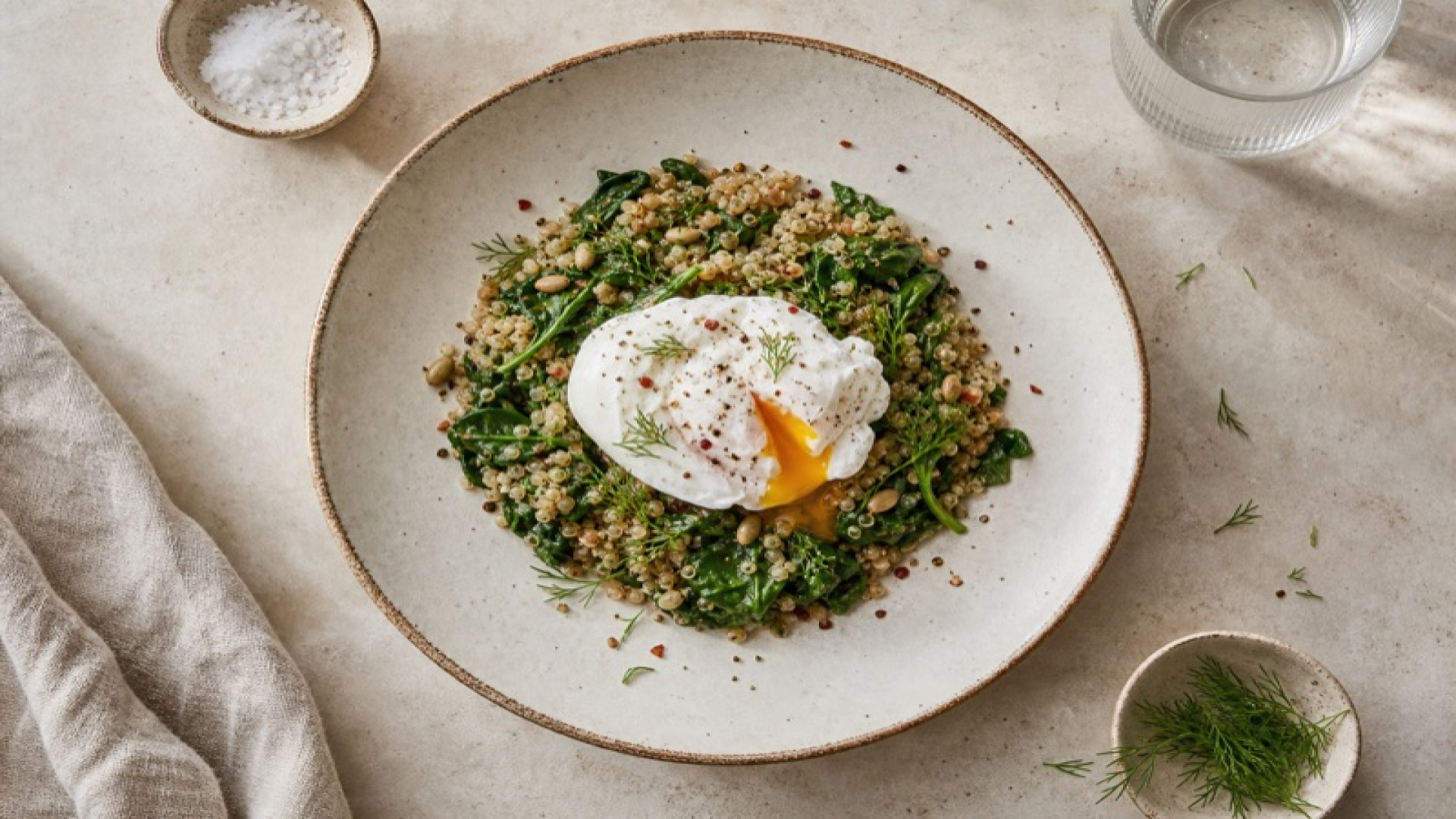 Pochiertes Ei auf Quinoa-Spinat-Bett