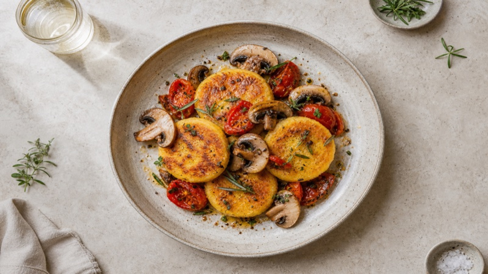 Polenta-Taler mit geschmorten Tomaten und Pilzen