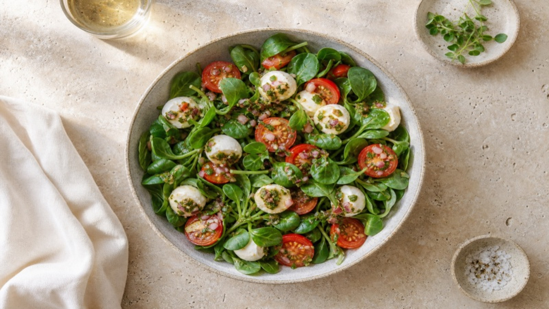 Portulak-Bowl mit Mozzarella und Tomaten-Vinaigrette