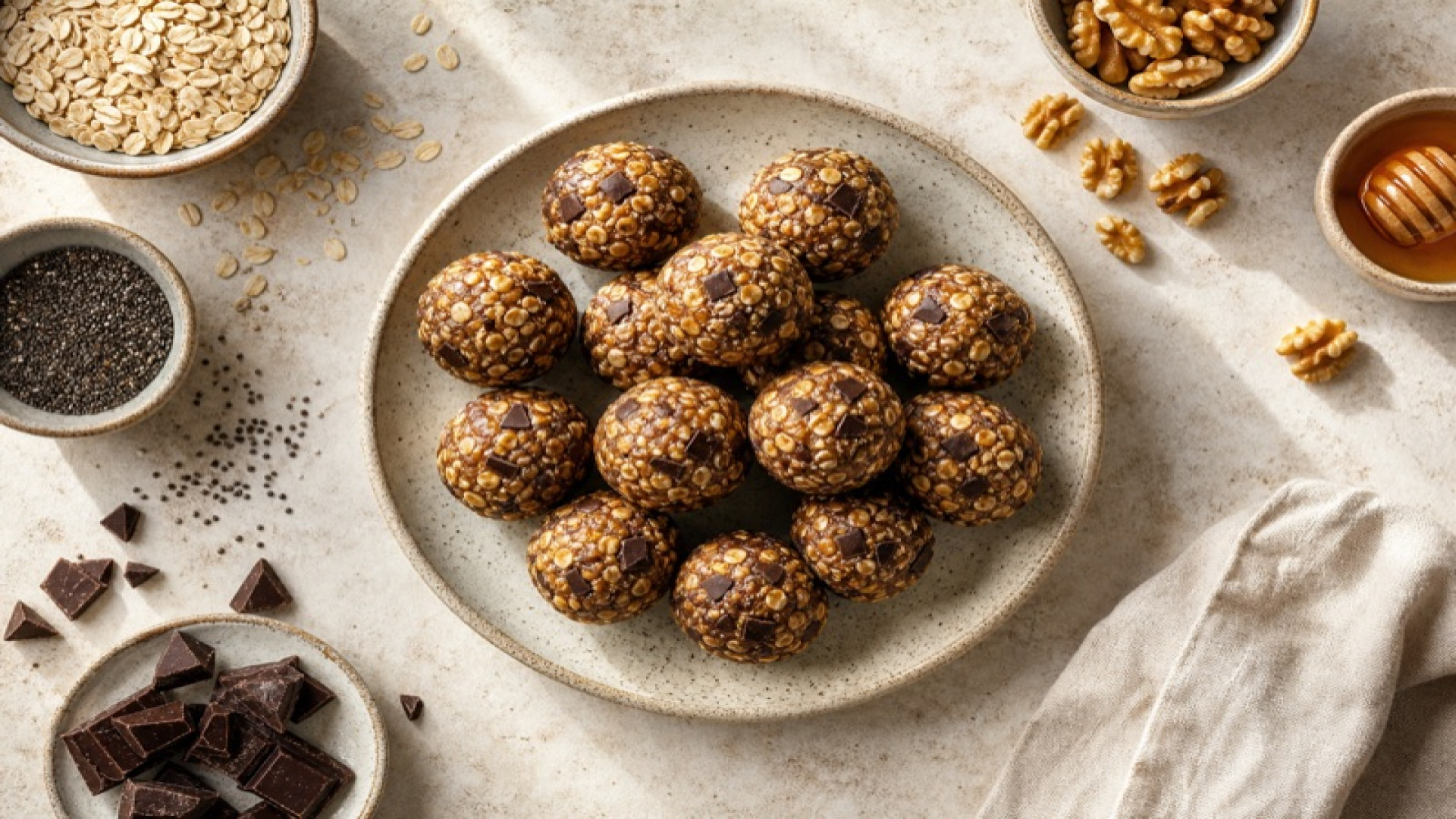 Protein Balls mit Haferflocken Nüssen, Chia und Honig
